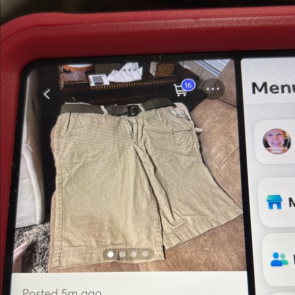 OP Men's Khaki Cargo Shorts, has dark green belt, sz 32, NWT - Picture 2 of 5